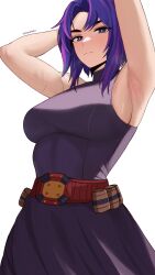 Rule 34 | 1girl, :|, absurdres, armpits, arms behind head, arms up, artist name, belt, boku no hero academia, breasts, closed mouth, dress, edmun6969, expressionless, highres, lady nagant, large breasts, looking at viewer, multicolored hair, parted bangs, pink hair, purple dress, purple eyes, purple hair, short hair, sideboob, sleeveless, sleeveless turtleneck, solo, sweat, taut clothes, taut dress, turtleneck, two-tone hair, utility belt, white background