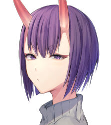 Rule 34 | 1girl, absurdres, closed mouth, commentary, eyeliner, fate/grand order, fate (series), grey sweater, hair between eyes, highres, horns, ichiya1115, light blush, looking at viewer, makeup, mole, mole on neck, oni, portrait, pout, purple eyes, purple hair, short eyebrows, short hair, shuten douji (fate), skin-covered horns, solo, sweater, white background