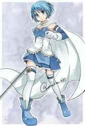 Rule 34 | 1girl, blue dress, blue eyes, blue footwear, blue hair, boots, breasts, cape, corset, detached sleeves, dress, full body, gloves, grey background, hair between eyes, holding, holding weapon, looking at viewer, magical girl, mahou shoujo madoka magica, mahou shoujo madoka magica (anime), matching hair/eyes, medium breasts, miki sayaka, nanoka rio, pleated dress, sakura kyoko (magical girl), short hair, smile, solo, sword, thighhighs, watercolor background, weapon, white cape, white corset, white gloves, white thighhighs