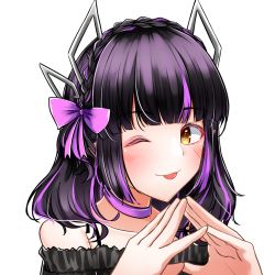 Rule 34 | 1girl, nanashi inc., alternate costume, alternate hairstyle, black hair, black shirt, blunt bangs, blush, bow, braid, closed mouth, commentary request, dameyoshi, demon girl, demon horns, fingers together, hair bow, highres, horns, kojo anna, looking at viewer, medium hair, multicolored hair, off-shoulder shirt, off shoulder, pointy ears, purple bow, purple hair, shirt, smile, solo, sugar lyric, tongue, tongue out, two-tone hair, upper body, virtual youtuber, yellow eyes