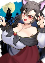 Rule 34 | 1girl, absurdres, animal ear fluff, animal ears, bare shoulders, breasts, brooch, brown hair, claw pose, cleavage, collarbone, dress, fang, full moon, grin, highres, imaizumi kagerou, impossible clothes, jewelry, kaitojaja19980520, large breasts, long hair, looking at viewer, moon, open mouth, red eyes, skin fang, smile, tail, touhou, tree, wolf ears, wolf tail