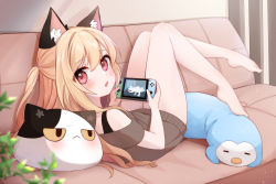 Rule 34 | 1girl, absurdres, animal ear fluff, animal ears, atsuki (pink0930cat), bare arms, bare legs, barefoot, blonde hair, blush, cat ears, chestnut mouth, controller, couch, half updo, highres, holding, holding controller, khezu, knees up, legs up, long hair, looking at viewer, looking back, lying, monster hunter (series), nintendo switch, off-shoulder sweater, off shoulder, on back, on couch, open mouth, original, pink eyes, short sleeves, solo, stuffed animal, stuffed cat, stuffed penguin, stuffed toy, sweater, video game