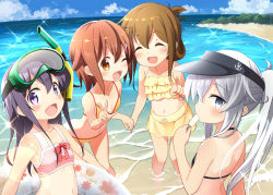 Rule 34 | 10s, 4girls, :d, ;), ;d, ^ ^, akatsuki (kancolle), alternate costume, alternate hairstyle, alternate headwear, bad id, bad pixiv id, bare shoulders, beach, bell (oppore coppore), bikini, black hair, brown hair, closed eyes, day, diving mask, diving mask on head, fang, folded ponytail, goggles, goggles on head, hair ornament, hairclip, hibiki (kancolle), holding hands, ikazuchi (kancolle), inazuma (kancolle), innertube, kantai collection, long hair, multiple girls, navel, ocean, one eye closed, open mouth, outdoors, ponytail, short hair, silver hair, smile, snorkel, sparkle, swim ring, swimsuit, tan, tanline, v, visor cap, wading, water