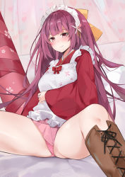 Rule 34 | 1girl, apron, boots, brown footwear, commentary request, cross-laced footwear, dema hmw, frilled apron, frills, japanese clothes, kamikaze (kancolle), kantai collection, kimono, knee boots, lace-up boots, long sleeves, maid apron, maid headdress, panties, pink panties, pink skirt, pleated skirt, red kimono, skirt, sleeves past wrists, solo, spread legs, striped clothes, striped panties, thighs, underwear, vertical-striped clothes, vertical-striped panties, white apron, wide sleeves