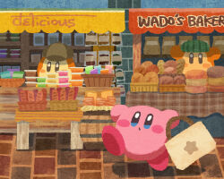 Rule 34 | bag, baguette, basket, blue eyes, blush stickers, bread, brioche, closed mouth, commentary request, deerstalker, food, hat, holding, holding bag, kirby, kirby (series), loaf of bread, market, miclot, nintendo, no humans, outdoors, pink footwear, shoes, stone floor, tote bag, waddle dee, walking