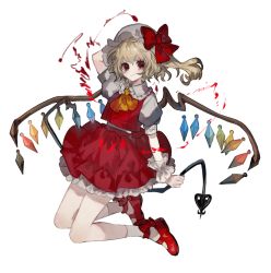 Rule 34 | 1girl, arm behind head, bad id, bad pixiv id, blonde hair, flandre scarlet, frills, full body, hat, looking at viewer, lunchicken, mary janes, mob cap, red eyes, shoes, smile, socks, solo, touhou, transparent background, white socks, wings