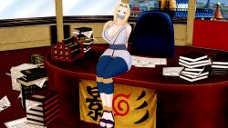 Rule 34 | 1girl, animated, bdsm, blonde hair, bondage, book, book stack, bound, bound ankles, bound arms, bound legs, breasts, brown eyes, chair, cleavage, desk, gag, gagged, highres, huge breasts, improvised gag, indoors, interior, naruto (series), naruto shippuuden, on desk, shepirotcloud, sitting, sound, tagme, tape, tape gag, tsunade (naruto), video