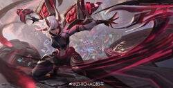 Rule 34 | 1girl, arm tattoo, black gloves, black pants, building, city, closed mouth, demon horns, detached sleeves, detached wings, facial tattoo, floating hair, flying, gloves, hair between eyes, highres, horns, inkshadow kai&#039;sa, kai&#039;sa, league of legends, looking ahead, medium hair, navel, official alternate costume, official alternate hairstyle, outdoors, pants, red eyes, sidelocks, smile, solo, stomach tattoo, tattoo, wings, zhichao