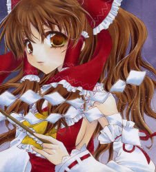 Rule 34 | 1girl, aoi yuuka (ao no kokoro), ascot, blue background, bow, breasts, brown eyes, brown hair, detached sleeves, eyelashes, fingernails, gohei, gradient background, hair bow, hair tubes, hakurei reimu, light particles, lips, long hair, looking at viewer, marker (medium), parted lips, ponytail, shikishi, sideboob, simple background, solo, touhou, traditional media, upper body