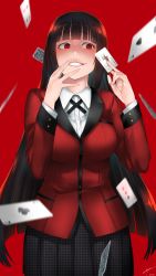 Rule 34 | 1girl, ace (playing card), ace of clubs, artist request, bad id, bad pixiv id, black hair, blunt bangs, blush, breasts, buttons, card, club (shape), drawrepulser, evil smile, fingernails, grey skirt, grin, highres, holding, holding card, jabami yumeko, jacket, joker (playing card), kakegurui, large breasts, long fingernails, long hair, long sleeves, looking to the side, pink lips, playing card, pleated skirt, red background, red eyes, red jacket, school uniform, shirt, skirt, smile, solo, standing, white shirt