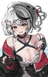 Rule 34 | 1girl, absurdres, belt collar, black collar, black gloves, black hair, black jacket, breasts, camisole, cleavage, collar, fingerless gloves, gloves, grey hair, hair ornament, hairpin, highres, hololive, jacket, large breasts, looking at viewer, medium hair, multicolored hair, nail polish, open mouth, red eyes, red jacket, red nails, sakamata chloe, sakamata chloe (1st costume), smile, solo, streaked hair, tazrn1, two-sided fabric, two-sided jacket, virtual youtuber, white background, white camisole, x hair ornament