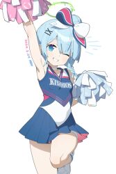 Rule 34 | 1girl, absurdres, armpits, arona (blue archive), blue archive, blue eyes, blue hair, blue skirt, blush, braid, breasts, cheering, cheerleader, choker, clothes writing, dated, foot out of frame, green halo, grin, halo, highres, holding, holding pom poms, looking at viewer, midsummerw, official alternate costume, one eye closed, pleated skirt, pom pom (cheerleading), pom poms, shoes, short hair, simple background, single braid, skirt, small breasts, smile, solo, white background, white choker, white footwear