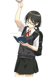 Rule 34 | 1girl, anime coloring, backpack, bag, black-framed eyewear, black hair, book, brown eyes, closed mouth, collared shirt, commentary request, cowboy shot, glasses, green skirt, grey sweater, highres, holding, holding book, ichimi renge, long hair, looking at viewer, low twintails, neck ribbon, open book, original, pleated skirt, reading, red ribbon, ribbon, school uniform, shirt, short sleeves, simple background, skirt, solo, standing, sweater, sweater vest, twintails, twitter username, v-neck, white background, white shirt