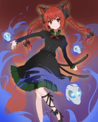 Rule 34 | 1girl, :3, animal ears, black bow, black footwear, blue fire, bow, bowtie, braid, cat ears, cat tail, dress, extra ears, fire, flaming skull, floating skull, ghost, glowing, glowing eyes, green dress, high heels, highres, hikichidayo, hitodama, juliet sleeves, kaenbyou rin, leg ribbon, long sleeves, multiple tails, puffy sleeves, red background, red bow, red eyes, red hair, ribbon, skull, tail, touhou, twin braids, two tails
