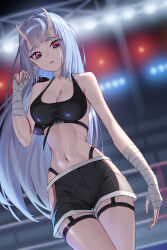 Rule 34 | 1girl, absurdres, bandaged hand, bandages, black shorts, blurry, blurry background, bowlp, breasts, cleavage, commentary, commission, cowboy shot, crop top, grey hair, hand up, highres, horns, large breasts, long hair, looking at viewer, midriff, navel, original, parted lips, pixiv commission, red eyes, shorts, solo, sports bra, standing, stomach, thigh strap, thighs, very long hair