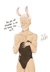 Rule 34 | 1boy, aidenr0, animal ears, artist name, bare arms, bare shoulders, beard, broad shoulders, cowboy shot, english text, facial hair, facing viewer, hide the pain harold, looking at viewer, male playboy bunny, old, old man, aged up, purple eyes, rabbit ears, real life insert, simple background, solo, standing, white background, white beard, white hair