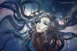 Rule 34 | 1girl, black hair, blue eyes, commentary, english commentary, floating hair, glitter, highres, light smile, long hair, looking at viewer, original, parted lips, solo, space, upper body, very long hair, watermark, web address, yuumei
