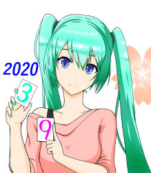 Rule 34 | 1girl, 39, absurdly long hair, aqua eyes, aqua hair, artist name, artist request, bare shoulders, blue eyes, blue hair, blue nails, breasts, card, collarbone, female focus, hatsune miku, highres, holding, holding card, long hair, nail polish, nails, parted lips, pink shirt, shirt, small breasts, smile, solo, twintails, undershirt, very long hair, vocaloid