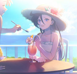 Rule 34 | 2girls, :d, bare arms, blue eyes, blue sky, breasts, brown hair, closed eyes, cloud, collarbone, day, drinking straw, grin, hair between eyes, halterneck, hat, highres, holding, holding spoon, long hair, looking at another, looking up, medium breasts, multiple girls, natsuumi manatsu, ocean, open mouth, outdoors, precure, shirt, sitting, sky, sleeveless, sleeveless shirt, smile, solo focus, spoon, straw hat, summer, sun hat, takizawa asuka, tropical-rouge! precure, very long hair, white shirt, yuzu sato