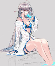 Rule 34 | 1girl, bare legs, bikini, food, grey background, grey hair, highres, hikachil, holding, holding food, holding popsicle, jacket, laevateinn (phantom of the kill), long hair, long sleeves, navel, phantom of the kill, popsicle, red eyes, sketch, solo, striped bikini, striped clothes, swimsuit, thigh strap, tongue, tongue out, water, white jacket