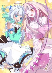 Rule 34 | 2girls, antenna hair, apron, arthropod girl, blue bow, blue dress, blue eyes, bow, breasts, cleavage, cleavage cutout, clothing cutout, cockroach girl, colored inner hair, dress, green hair, hair bow, highres, indie virtual youtuber, interlocked fingers, large breasts, looking at viewer, maid, matara kan, matara kan (1st costume), mint fantome, mole, mole on breast, monster girl, multicolored hair, multiple girls, navel, one eye closed, open mouth, pink dress, pink hair, red eyes, saraemiii en, sleeveless, sleeveless dress, smile, stomach cutout, virtual youtuber, vshojo, white apron, white hair, white headdress