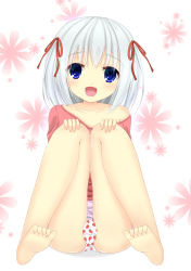 Rule 34 | 1girl, :d, artist request, ass, barefoot, blue eyes, character request, collarbone, copyright request, feet, floral background, food print, full body, hair ribbon, highres, looking at viewer, open mouth, panties, print panties, red ribbon, ribbon, short hair, sitting, smile, soles, solo, strawberry panties, strawberry print, toes, underwear, white hair