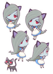 Rule 34 | 1girl, alternate color, animal, animal ears, blue skin, cat, cat ears, character sheet, chibi, closed mouth, colored skin, dress, female focus, full body, half-closed eyes, hijiri rei, linze, long hair, looking at viewer, multiple persona, open mouth, red eyes, ribbon, simple background, solo, striped legwear, ushimitsu monstruo, white background