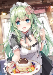 Rule 34 | 1girl, blue eyes, blush, bow, bowtie, breasts, cake, cleavage, cream, curtains, day, detached collar, dress, fingernails, food, frills, fruit, grey hair, hair ornament, hair tubes, highres, holding, indoors, kochiya sanae, long hair, looking at viewer, maid, maid headdress, medium breasts, miyase mahiro, open mouth, plate, short sleeves, simple background, smile, snake hair ornament, solo, touhou, tray, window