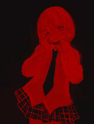 Rule 34 | 1girl, absurdres, black background, collared shirt, cowboy shot, hair between eyes, hands on own face, hands up, highres, long sleeves, looking at viewer, miniskirt, monochrome, necktie, noroi (rnatataki), original, plaid, plaid skirt, pleated skirt, red theme, shirt, short hair, simple background, skirt, solo, standing