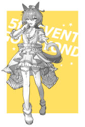 Rule 34 | 1girl, agnes tachyon (umamusume), ahoge, animal ears, boots, diffraction spikes, full body, gloves, greyscale with colored background, highres, holding, holding microphone, horse ears, horse girl, horse tail, jacket, layered skirt, long sleeves, looking at viewer, microphone, open mouth, pointing, pointing at viewer, riko (ri cotta c), road of radiance (umamusume), skirt, smile, solo, standing, star (symbol), tail, thighhighs, twitter username, umamusume