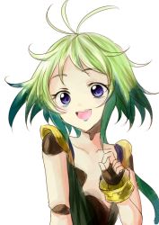 Rule 34 | 10s, 1girl, :d, doll joints, green hair, joints, looking at viewer, multicolored hair, open mouth, purple eyes, senki zesshou symphogear, short hair, simple background, smile, solo, tamae (pixiv40276), tiki (symphogear), two-tone hair, white background