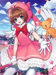 Rule 34 | 1girl, :d, antenna hair, bow, brown hair, cardcaptor sakura, cherry blossoms, cloud, cowboy shot, creature, day, dress, flying, frills, gloves, green eyes, hair intakes, hat, hat bow, highres, kero (cardcaptor sakura), kinomoto sakura, kyundoo, looking at viewer, magical girl, name connection, object namesake, open mouth, outstretched hand, pantyhose, pink bow, pink dress, pink hat, puffy sleeves, red bow, short hair, sky, smile, staff, white gloves, white pantyhose, white wings, wings