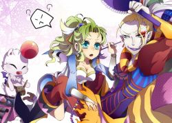 Rule 34 | 1990s (style), 1boy, 1girl, alternate costume, art brush, blonde hair, blue eyes, breasts, cefca palazzo, cleavage, dissidia 012 final fantasy, dissidia final fantasy, drawing on another&#039;s face, facepaint, final fantasy, final fantasy vi, green hair, long hair, makeup, moogle, nata, paintbrush, ponytail, tina branford