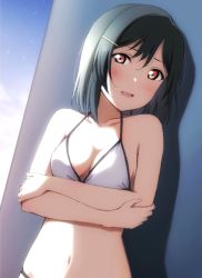 Rule 34 | 1girl, :o, bare arms, bare shoulders, bikini, blush, breasts, cleavage, collarbone, crossed arms, fang, fang out, green hair, hair between eyes, hair ornament, hairclip, halterneck, highres, leaning back, looking to the side, love live!, love live! nijigasaki high school idol club, medium breasts, medium hair, mifune shioriko, navel, open mouth, outdoors, red eyes, reno 0901, solo, swimsuit, twilight, upper body, white bikini
