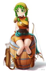 Rule 34 | 1girl, arrow (projectile), bandana, boots, bow (weapon), brown footwear, closed mouth, commentary, commission, english commentary, eyelashes, fire emblem, fire emblem: the blazing blade, full body, green eyes, green hair, highres, knees together feet apart, long hair, looking at viewer, nintendo, orange skirt, pencil skirt, quiver, rebecca (fire emblem), revenantart, simple background, single shoulder pad, sitting, skirt, smile, solo, weapon, white background, yellow bandana