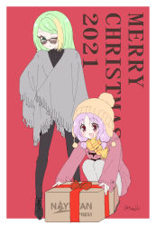 Rule 34 | alina gray, blunt ends, box, coat, gift wrapping, green hair, hair between eyes, hat, highres, magia record: mahou shoujo madoka magica gaiden, mahou shoujo madoka magica, medium hair, misono karin, multicolored hair, parted bangs, parted hair, poncho, satom, scarf, sidelocks, straight hair, streaked hair, sunglasses, sweater, two side up