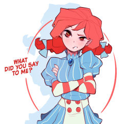 Rule 34 | 1girl, bow, braid, breasts, buttons, creux, crossed arms, dress, english text, freckles, gem, hair bow, long hair, long sleeves, looking at viewer, puffy sleeves, red eyes, red hair, short sleeves, simple background, solo, striped, twin braids, twintails, wendy&#039;s, wendy (wendy&#039;s), white background