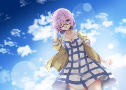 Rule 34 | 1girl, arm up, black-framed eyewear, blue sky, blush, breasts, cleavage, cloud, cloudy sky, collarbone, commentary request, day, dress, dutch angle, fate/grand order, fate (series), from below, glasses, hair over one eye, jacket, large breasts, looking at viewer, looking down, mash kyrielight, mash kyrielight (senpai killer outfit), milkpanda, official alternate costume, one eye closed, open clothes, open jacket, open mouth, outdoors, plaid, plaid dress, puffy short sleeves, puffy sleeves, purple eyes, purple hair, short sleeves, sky, solo, standing, white dress, yellow jacket