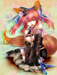 Rule 34 | 10s, 1girl, animal ears, bare shoulders, bow, breasts, cleavage, detached sleeves, fang, fate/extra, fate (series), fox ears, fox tail, hair bow, hair ribbon, hat, large breasts, mini hat, mini top hat, official alternate costume, pink hair, ribbon, solo, tail, tamamo no mae (fate/extra), tamamo no mae (sable mage) (fate), thighhighs, top hat, twintails, yellow eyes, zyusyu