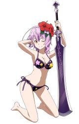 Rule 34 | 1girl, arm behind head, arms up, barefoot, bikini, breasts, flower, full body, hair flower, hair ornament, halterneck, halterneck, holding, holding sword, holding weapon, huge weapon, large breasts, long hair, looking at viewer, mole, mole on breast, navel, non-web source, official art, one eye closed, purple hair, red eyes, side-tie bikini bottom, smile, solo, star (symbol), star print, strea (sao), swimsuit, sword, sword art online, weapon