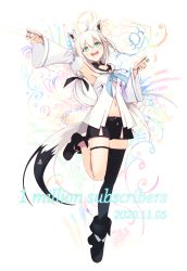 Rule 34 | 1girl, ahoge, animal ears, aqua eyes, armpits, black shorts, black thighhighs, blue neckerchief, braid, commentary request, congratulations, detached sleeves, fox ears, fox girl, fox tail, full body, glowstick, highres, holding, holding glowstick, hololive, midriff, mtcexe3, navel, neckerchief, shirakami fubuki, shirakami fubuki (1st costume), shorts, single thighhigh, solo, tail, thigh strap, thighhighs, virtual youtuber, white sleeves