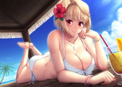 Rule 34 | 1girl, antenna hair, arcueid brunestud, artist request, ass, bare shoulders, beach, bikini, blonde hair, blush, bra, bracelet, breasts, cleavage, cloud, collarbone, dated, drink, flower, food, front-tie bikini top, front-tie top, fruit, full body, hair ornament, hand on own cheek, hand on own face, jewelry, juice, large breasts, lemon, looking at viewer, lying, necklace, ocean, on stomach, palm tree, panties, short hair, smile, solo, swimsuit, the pose, tree, tsukihime, type-moon, underwear, wet, white bikini, white bra, white panties