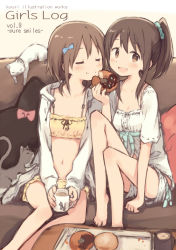 Rule 34 | 2girls, :d, artist name, barefoot, blue bow, blush, bow, bra, brown eyes, brown hair, cat, closed mouth, cup, doughnut, english text, closed eyes, food, hair bow, hair ornament, hair scrunchie, highres, holding, holding food, hood, hoodie, kyuri, looking at viewer, mug, multiple girls, open clothes, open hoodie, open mouth, original, ponytail, scrunchie, shorts, sleeves past wrists, smile, underwear, yellow bra, yellow shorts, yuri