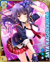 Rule 34 | 1girl, black gloves, blue bow, bow, card, character name, closed mouth, collar, concert, girlfriend (kari), gloves, indoors, jacket, kagurazaka saya, long hair, long sleeves, looking at viewer, necktie, official art, plaid, plaid necktie, plaid skirt, pleated skirt, purple hair, qp:flapper, red eyes, red necktie, rolled up sleeves, school uniform, skirt, smile, solo, table