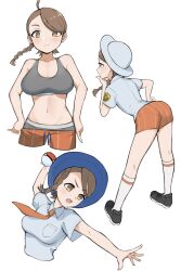 Rule 34 | 1girl, absurdres, ahoge, alternate breast size, bent over, black footwear, blush, braid, breast pocket, breasts, brown eyes, brown hair, cleavage, closed mouth, clothes pull, collared shirt, commentary request, creatures (company), eyelashes, game freak, hand on own chin, highres, holding, holding poke ball, juliana (pokemon), large breasts, looking at viewer, medium breasts, multiple views, navel, necktie, nintendo, orange necktie, orange shorts, pocket, poke ball, poke ball (basic), pokemon, pokemon sv, pulling own clothes, shirt, shoes, short shorts, shorts, shorts pull, socks, sports bra, stroking own chin, throwing, tsuneshima, white socks