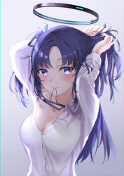 Rule 34 | 1girl, absurdres, alian2020, arms up, blue archive, blush, breasts, cleavage, collared shirt, hair tie in mouth, halo, highres, long sleeves, looking at viewer, medium breasts, mouth hold, purple eyes, purple hair, shirt, simple background, solo, taut clothes, taut shirt, tying hair, upper body, yuuka (blue archive)