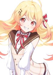 Rule 34 | 1girl, ahoge, aonikuro, blonde hair, blush, brown dress, commentary request, dress, fortissimo, hair ornament, hair ribbon, highres, hololive, hololive dev is, long hair, looking at viewer, musical note, musical note hair ornament, neck ribbon, otonose kanade, red ribbon, ribbon, smile, solo, virtual youtuber, white background
