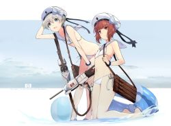 Rule 34 | 2016, 2girls, :d, bad id, bad pixiv id, ball, beachball, bikini, black ribbon, blue eyes, bow, brown eyes, brown hair, character name, closed mouth, cosplay, dated, flat chest, full body, hat, hat bow, hat ribbon, kantai collection, kneeling, leaning forward, looking at viewer, multiple girls, navel, open mouth, ribbon, sailor bikini, sailor collar, sailor hat, sandals, short hair, short hair with long locks, side-tie bikini bottom, sidelocks, silver hair, smile, snow, standing, striped, swimsuit, touzai (poppin phl95), turret, white bikini, white hat, wrist cuffs, z1 leberecht maass (kancolle), z3 max schultz (kancolle), z3 max schultz (kancolle) (cosplay)