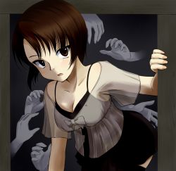 Rule 34 | 1girl, asou misaki, bad id, bad pixiv id, blush, breasts, brown eyes, brown hair, cleavage, dress, fatal frame, fatal frame 4, ghost, regdic, short hair, solo, thighhighs, you gonna get raped