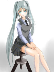 Rule 34 | 1girl, aqua eyes, aqua hair, bad id, bad pixiv id, breasts, female focus, gradient background, h016, hatsune miku, long hair, necktie, simple background, sitting, skirt, solo, stool, sweater, thighhighs, twintails, very long hair, vocaloid, white background